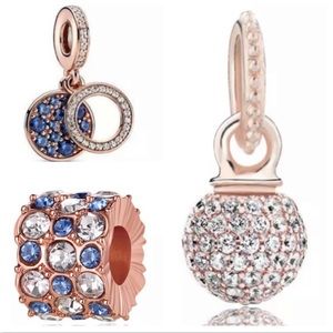 3 Pieces Sparkling Blue Disc Double & Clear CZ Pave Ball Charm Bundle Set